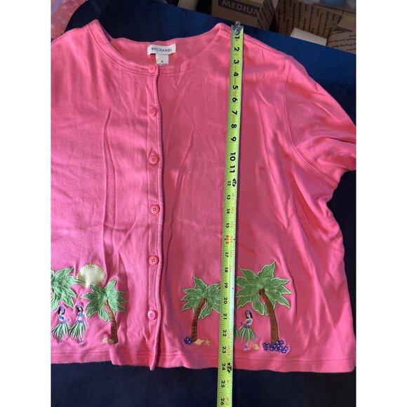 Bechamel Pink Embroidered Tropical Button Short Sleeved Knit Cardigan Top Sz XL - Picture 8 of 9